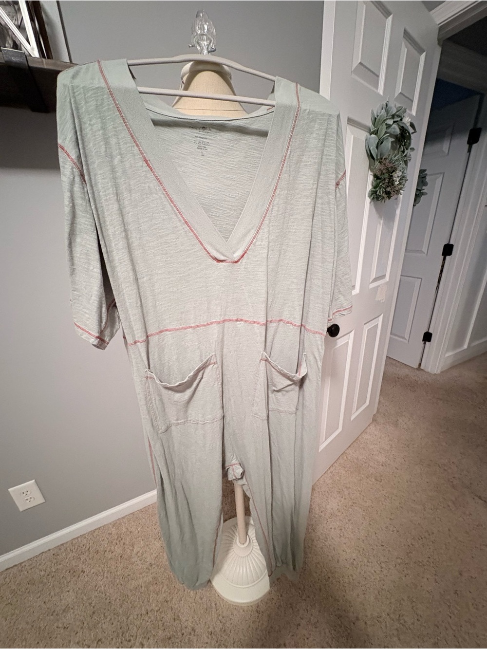 NATURAL LIFE Light Sage Romper with Pink Contrast Stitching